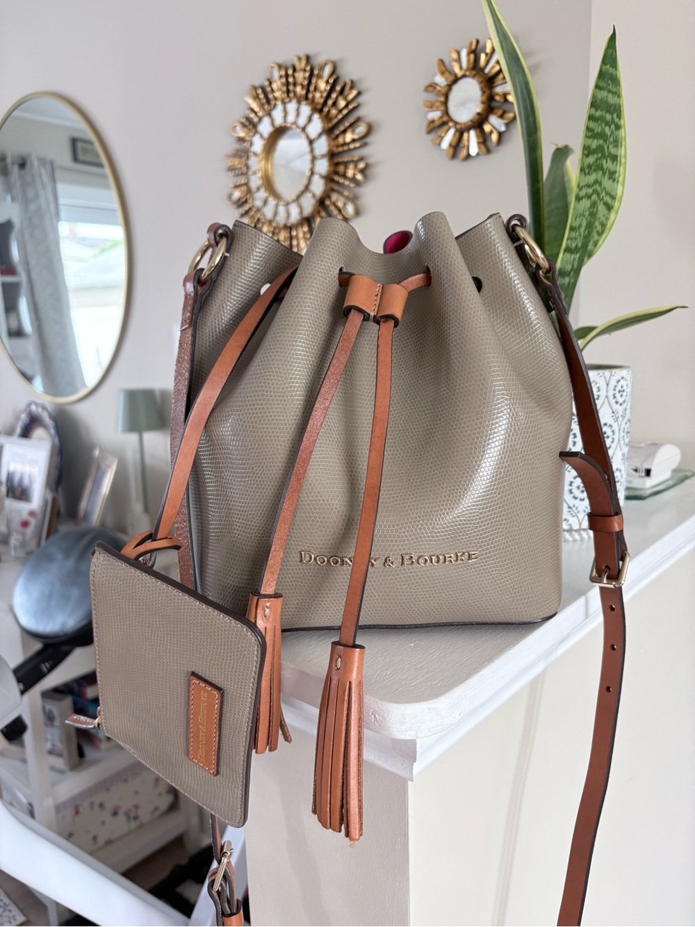 Dooney & Bourke Gray Bucket Bag with Tan Trim and Tassel